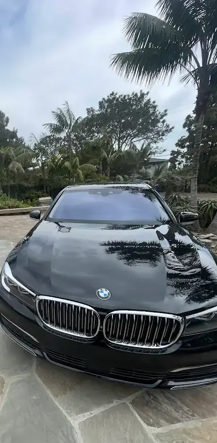 Black BMW sedan parked on a flagstone driveway lined with palms, ready for mobile auto glass service