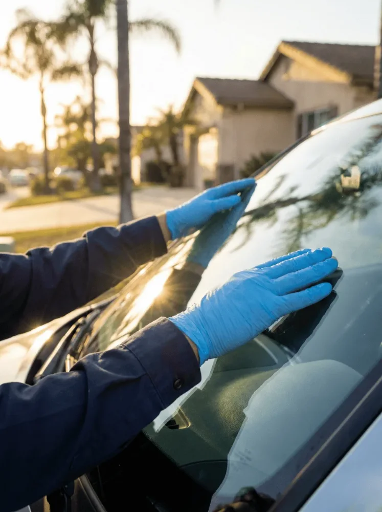 Gloved hands of a technician working along the edge of a windshield during a fitting